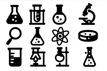 Science lab icon set. Chemical laboratory equipment and biology research tool silhouettes. Vector illustration of microscope, beaker, flask, atom, and test tube symbols.