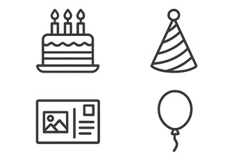 Birthday party celebration line icon set with cake, candles, holiday hat, postcard, and balloon. Vector icons for UI, web, apps. Editable stroke pictogram collection.