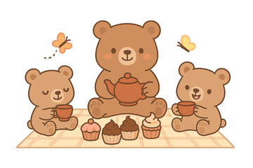 Cute kawaii teddy bears on a tea party picnic. Adorable cartoon animal family with cupcakes and tea. Vector character illustration for kids, greeting card, or nursery.