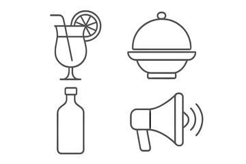 Thin line icons set for web and apps. Vector illustration of a cocktail, food cloche, bottle, and megaphone. Minimalist outline symbols for restaurant, bar, and marketing.