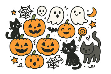 Set of cute Halloween cartoon doodles. Playful hand-drawn vector illustration with pumpkin, ghost, black cat, bat, and spiderweb icons. Kawaii holiday sticker collection pack.