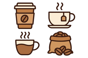 Coffee tea hot drink vector icon set. Line art cartoon illustration. Takeaway paper cup, steaming mug, teacup with teabag, coffee bean sack. Cafe beverage symbol.