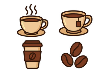Coffee and tea vector icon set. Steaming coffee cup, teacup with bag, takeaway paper cup and roasted coffee beans. For cafe menu, website, app, infographic, logo design.