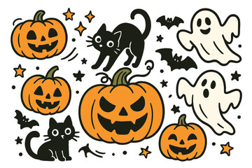 Halloween cartoon character set with cute ghosts, spooky black cats, and jack o'lantern pumpkins. Hand-drawn doodle vector illustration collection for autumn holiday design.