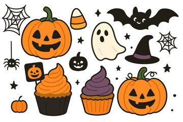 Cute Halloween icon set with jack-o'-lantern pumpkins, spooky cupcakes, ghost, bat, and spider. Vector cartoon illustration collection for holiday party decoration elements.