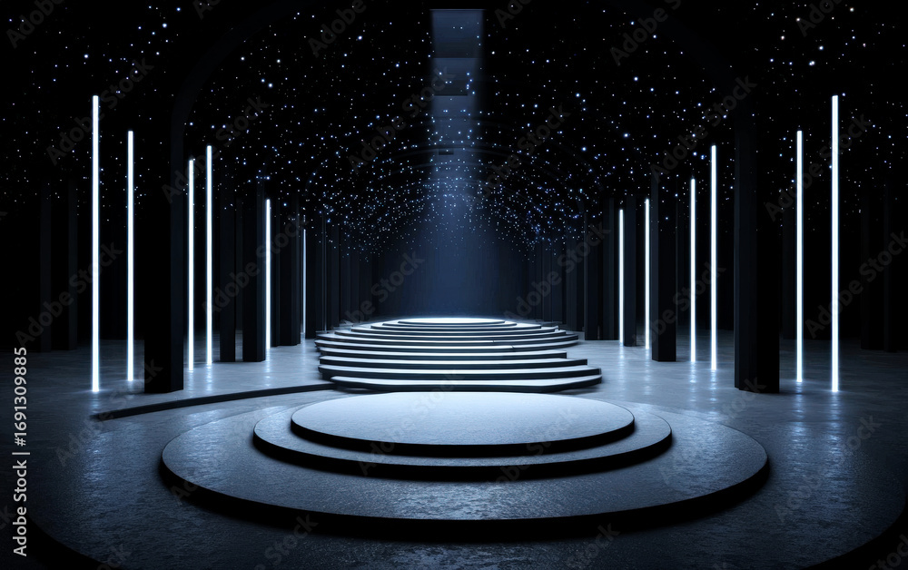 Poster modern stage design with circular platforms and glowing vertical lines