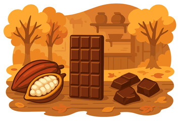 Chocolate making process from cacao pod to bar. Autumn workshop with cocoa beans and pieces. Concept for candy, sweet food, dessert production. Vector cartoon illustration.