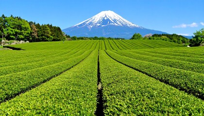 Lush green tea fields stretching towards a snow-capped mountain