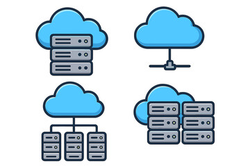 Cloud computing icon set. Collection of cloud storage, server configurations, and network structure icons for data management. Vector illustration for web hosting and database.
