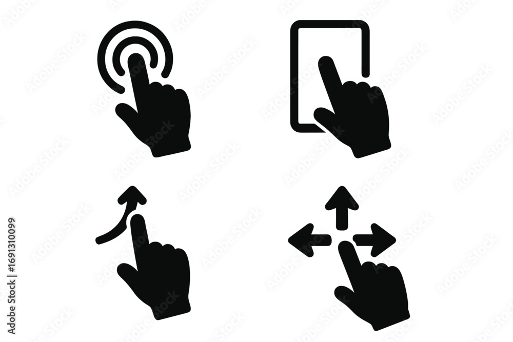 Poster hand gesture icon set for touchscreen. finger tap, click, swipe up, scroll, and drag gestures. user 