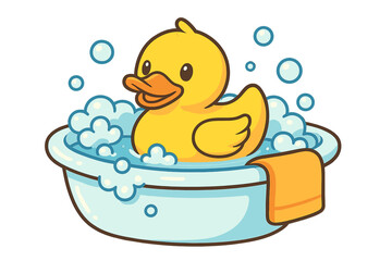 Cute yellow rubber duck in bathtub with soap bubbles. Vector cartoon illustration of a happy bath toy for kids. Concept for childhood, hygiene, fun, and cleanliness.