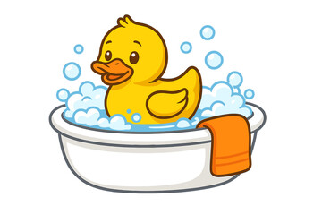 Bright yellow rubber duck in a bathtub with bubbles. Vector cartoon for children. Concept of baby shower, hygiene, washing, clean fun and childhood play toy.