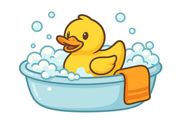 Yellow rubber duck cartoon character in a bathtub with soap foam bubbles. Adorable baby bath toy icon for kids. Vector illustration for children's hygiene and fun concept.