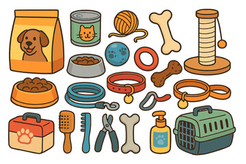 Big collection of pet care supplies for cats and dogs. Cartoon vector illustration set of food, toys, grooming items. Isolated pet shop accessories for vet clinic design.
