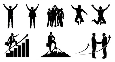 Collection of business people silhouettes celebrating success, climbing charts, achieving goals, and making deals on an isolated transparent background.