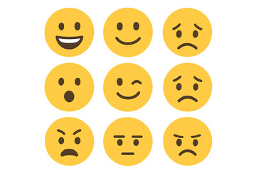 Fototapeta premium Simple emoji faces set with various expressions. Vector cartoon illustration of emoticons. Emotion icon collection. Happy, sad, angry, surprised moods in flat style isolated.
