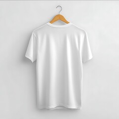 A photorealistic studio shot of a plain white unisex Tshirt hanging on a classic wooden hanger with a metal hook shown from the back The Tshirt is made of 100