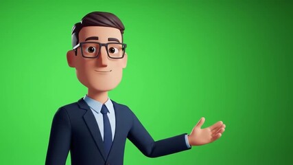 3D cartoon businessman giving a presentation against a green screen background with a cheerful expression. - Powered by Adobe