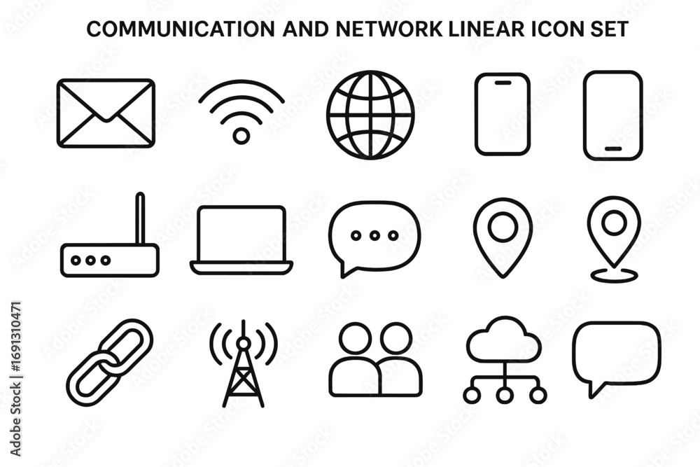Poster communication and network linear icon set. vector symbols for digital technology, internet, and conn