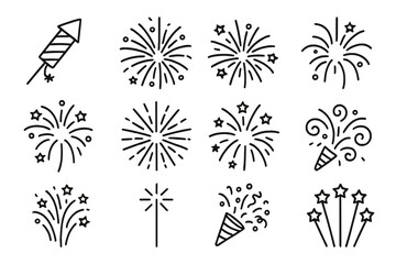 Fireworks line icon set. Festive firecracker, rocket, sparkler and party popper pictograms. New Year, 4th of July celebration concept. Editable stroke vector cartoon illustration.