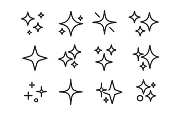 Sparkle icon set, shine stars collection. Clean effect, glitter, twinkle symbols. Line art for websites and apps. Editable stroke vector. Magic flare, glow, and fresh concept.