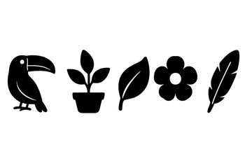 Black silhouette collection of tropical nature icons. Toucan bird, potted plant, leaf, flower, and feather. Jungle fauna and flora elements. Simple flat vector graphic set.
