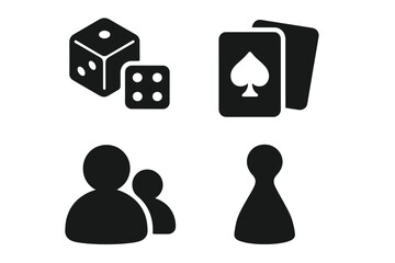 Board game icon set. Tabletop gaming elements. Vector collection of silhouettes: dice, playing cards, player pawn, and people figures. Simple glyphs for family leisure.