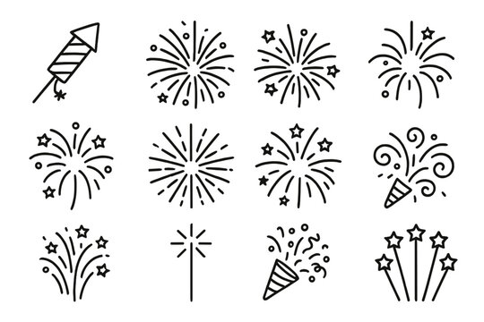 Fireworks line icon set. Festive firecracker, rocket, sparkler and party popper pictograms. New Year, 4th of July celebration concept. Editable stroke vector cartoon illustration.