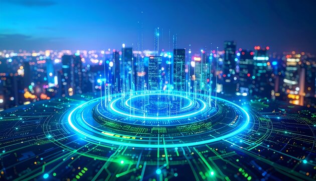 Futuristic cityscape with digital overlay - Powered by Adobe