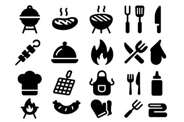 Barbecue and grilling solid icon set. BBQ party and cooking equipment symbols. Chef tools, grill, steak, sausage, fire, and kitchen utensils vector pictogram collection.