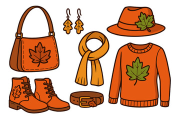 Fall fashion collection. Woman's autumn accessories and clothes set. Warm cozy outfit with maple leaf design. Vector cartoon illustration of sweater, boots, scarf, and hat.
