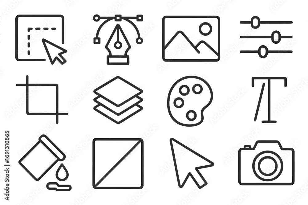 Aufkleber digital editing tools icon set. graphic design outline vector symbols. web and app ui icons for phot