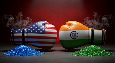 USA vs India boxing gloves symbolize intense rivalry and economic competition with dramatic smoke and colorful gems