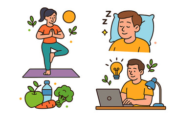 Healthy lifestyle and work life balance concept. Daily routine for wellness and productivity. Woman doing yoga, man sleeping, healthy food, work idea. Self-care vector set.