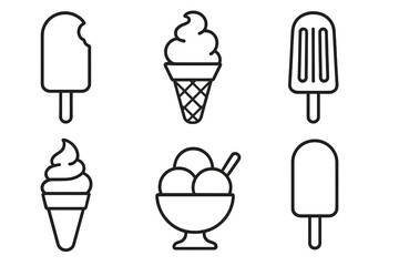 Ice cream icon set. Summer dessert food symbols. Minimalist line art collection of popsicle, soft serve cone, sundae, and gelato. Vector graphic for web, menu, cafe design.