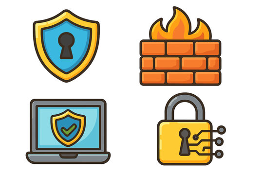 Cybersecurity icon set. Vector cartoon illustration of internet safety concepts like firewall, data protection, network security, antivirus on laptop and digital padlock.