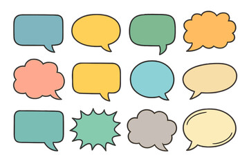Vector collection of colorful speech bubbles. Set of cartoon comic book style chat bubbles, thought clouds. Blank message box for communication, dialogue, or quotes. Flat design.