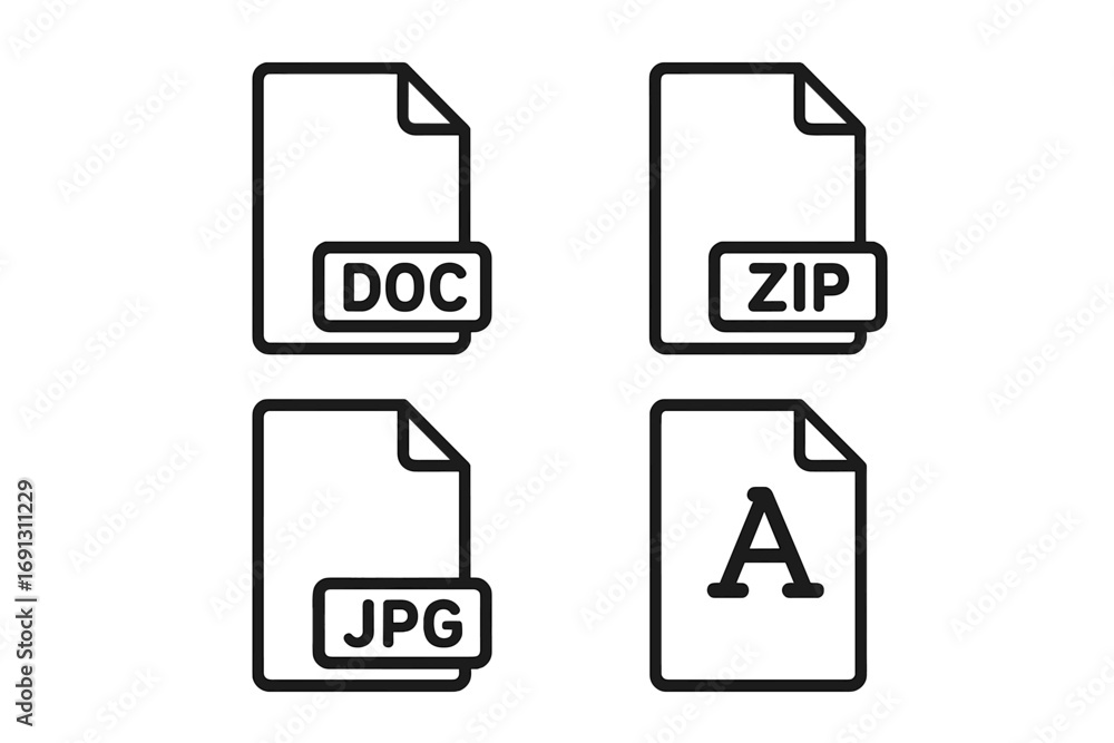 Poster file format line icon set with document, zip archive, jpg image, and font file types. vector graphic