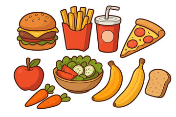 Healthy and unhealthy food choice set. Fast food vs balanced diet. Junk food burger, pizza or fresh salad, fruit. Nutrition concept vector cartoon illustration collection.