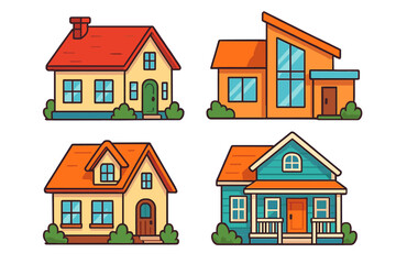 Set of four house vector icons. Collection of various architectural styles for real estate. Cartoon suburban cottage, modern and family home illustration. Building exterior.