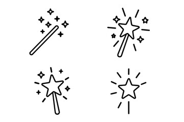 Naklejka premium Magic wand line icon set. Vector pack of fairy wizard sticks with stars and sparkles. Simple magical fantasy symbols for web, apps, books. Editable stroke illustration.