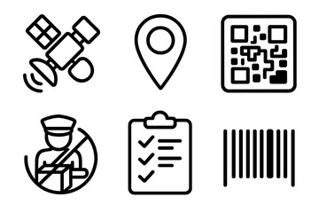 Logistics and delivery icon set. Vector outline symbols for shipping, satellite tracking, gps location, qr code scan, customs control, checklist and barcode for package.