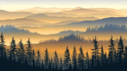 Serene Forest Landscape with Mountain Ranges at Sunset in Misty Atmosphere