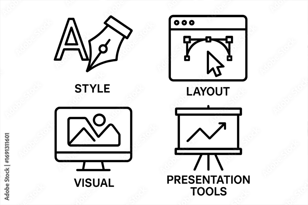 Poster graphic design outline icon set for style, layout, visual, and presentation tools. vector icons for 