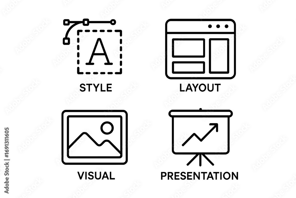 Poster graphic design outline icon set for style, layout, visual and presentation. vector tools for web des
