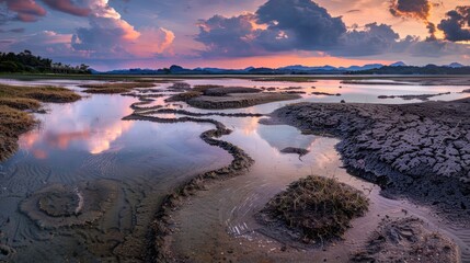 Serene Sunset Over Tidal Marsh with Cloudy Sky and Mountain Range in Distance