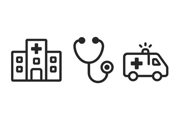 Vector medical icon set. Simple line art symbols for healthcare. Includes hospital building, doctor stethoscope, and emergency ambulance. Health, medicine, clinic graphic.