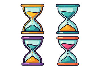 Set of colorful hourglasses vector icons. Sandglass timer symbol for passage of time, deadline, and countdown. Simple flat cartoon illustration of sand clock collection.