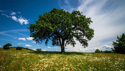 Lush green tree in a vibrant wildflower meadow under a partly cloudy blue sky