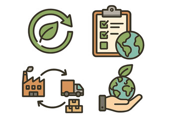 Sustainable business icon set. Concepts of environmental responsibility, green supply chain, eco-friendly production, logistics, recycling, and global ESG compliance checklist.